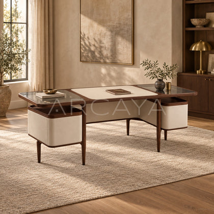 Italian Walnut Leather Glass Executive Desk - scene