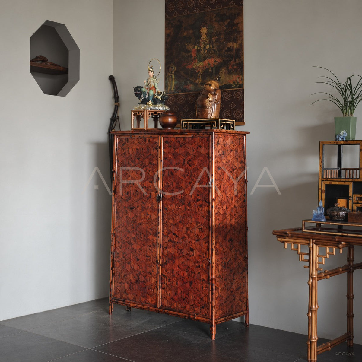 Vermilion Lacquer Marquetry Double Door Tall Cabinet - main