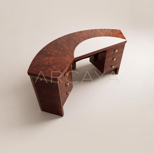 Vintage Curved Marquetry Brass Desk - main
