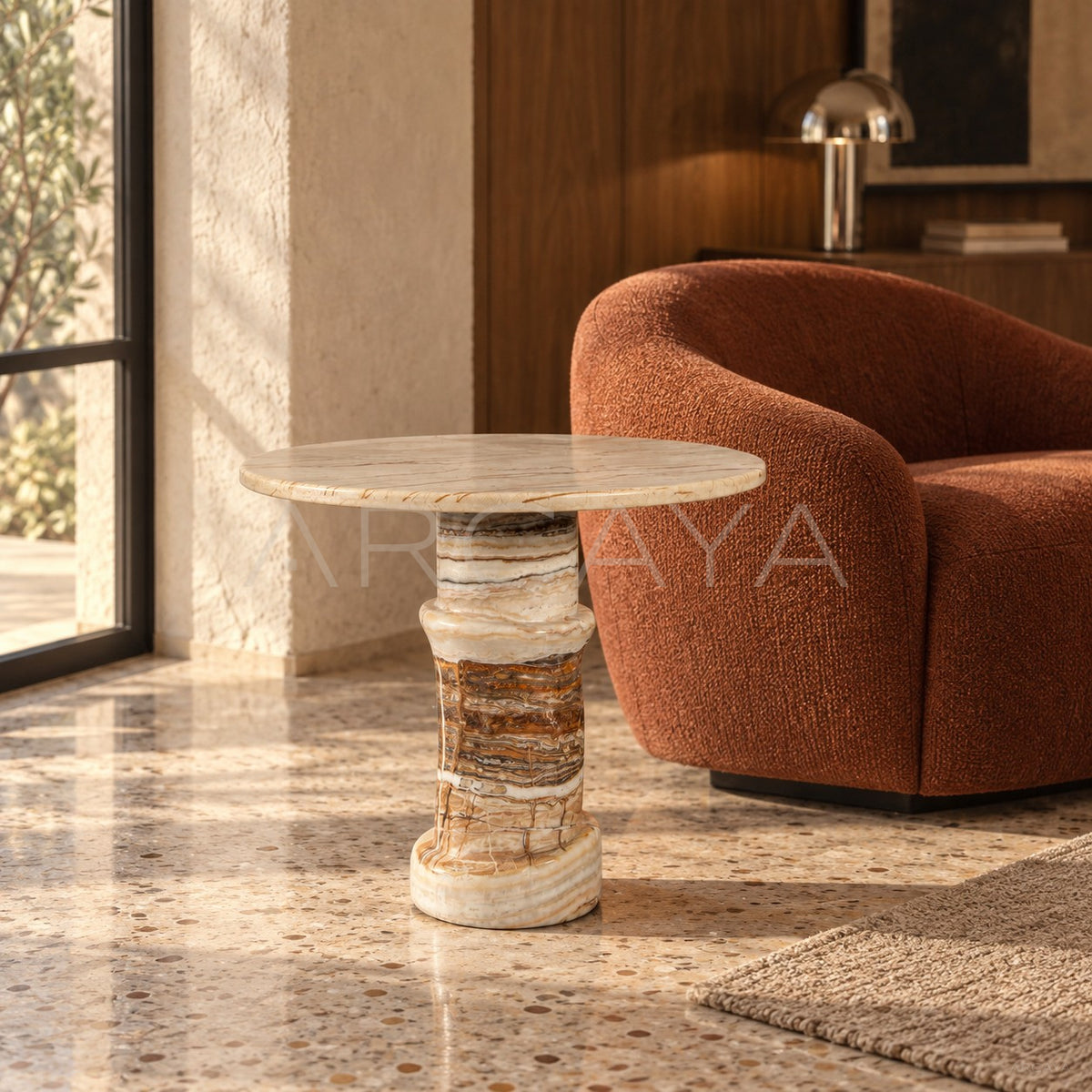 White Brown Marble Column Base Side Table - main