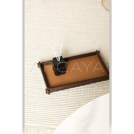 Solid Wood Dark Brown Leather Aroma Tray - scene