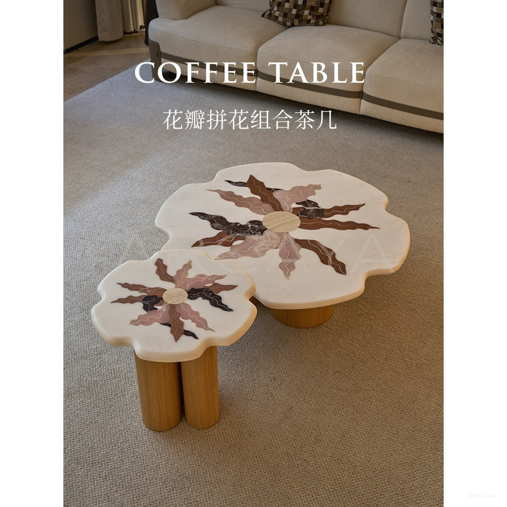 Organic Petal Marble Marquetry Nesting Coffee Table in detail