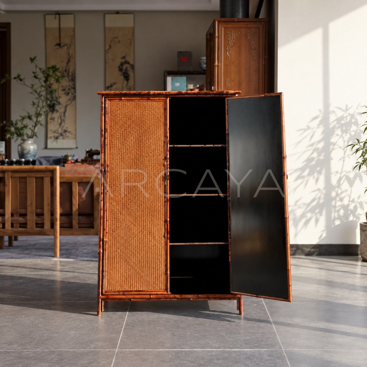 Bamboo Woven Double Door Tall Cabinet in detail