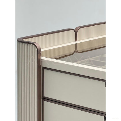 Vertical Stripe Upholstered Vanity Chest - scene