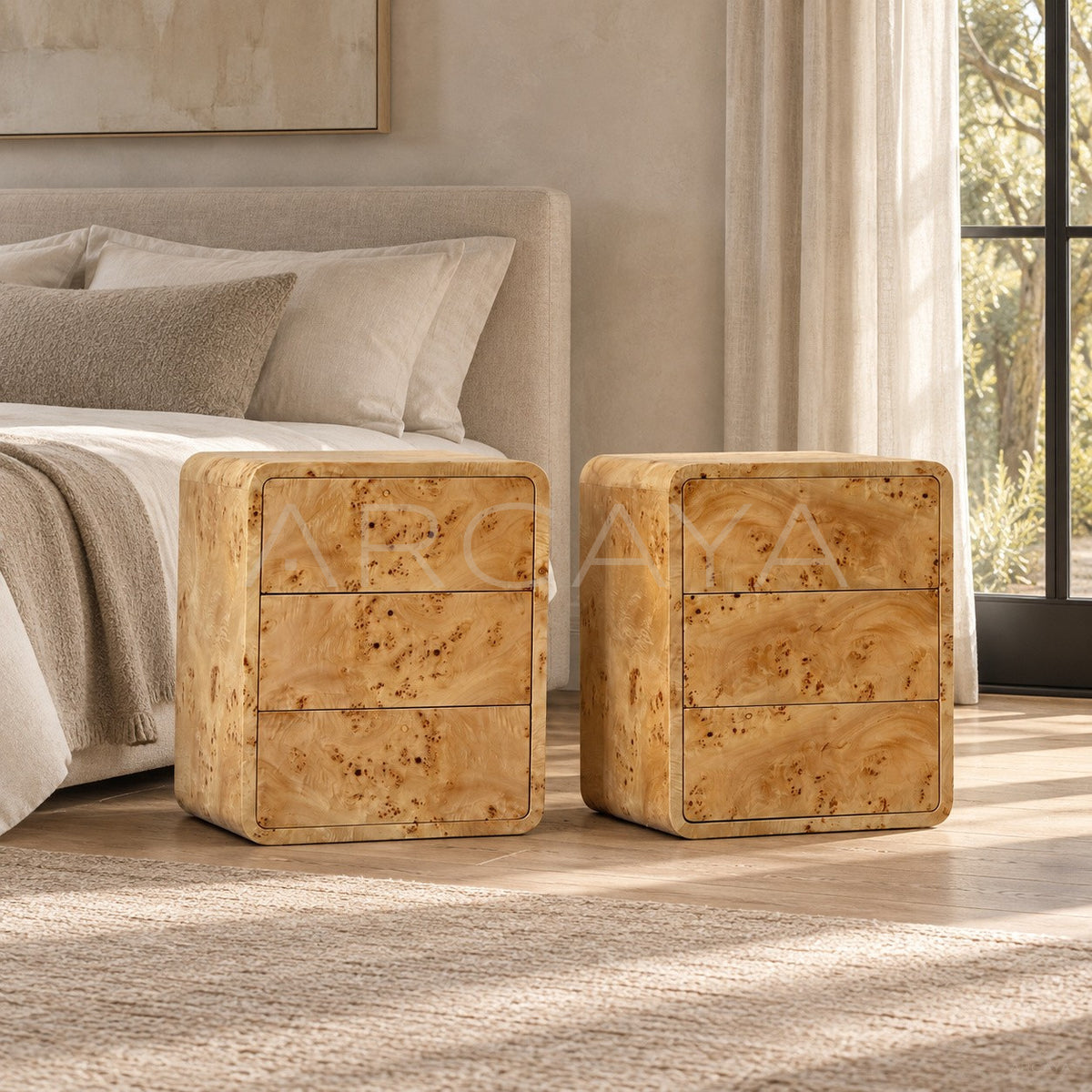 Art Burl Veneer Nightstand in detail