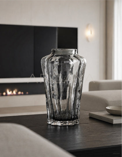 Handmade Ribbed Smoked Glass Vase - scene
