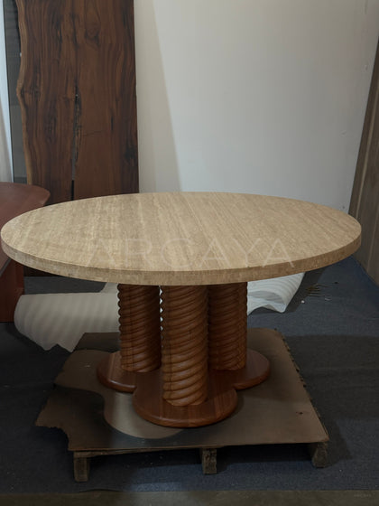 Mid Century Travertine Round Table Wood Legs - detail