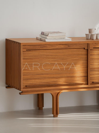 Burmese Teak Mid Century Tambour Cabinet - detail