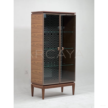 Mid Century Walnut Glass Door Lighted Wine Cabinet - scene