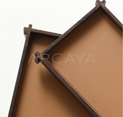 Solid Wood Dark Brown Leather Aroma Tray - scene