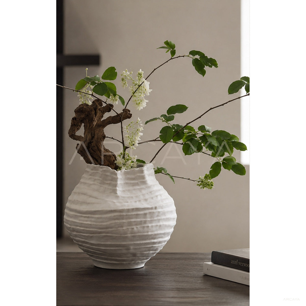 Plain White Layered Pleat Ceramic Vase in detail