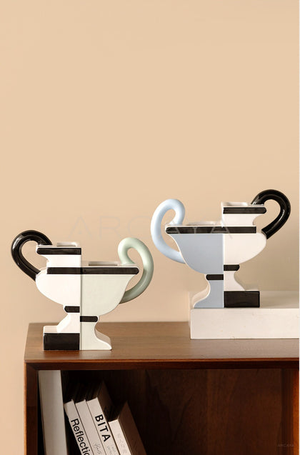 Double Ear Two Tone Geometric Ceramic Vase - scene