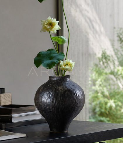 Vintage Dark Brown Hammered Narrow Neck Vase - scene