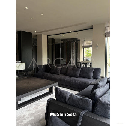 Mushin Black Linen Sofa - scene