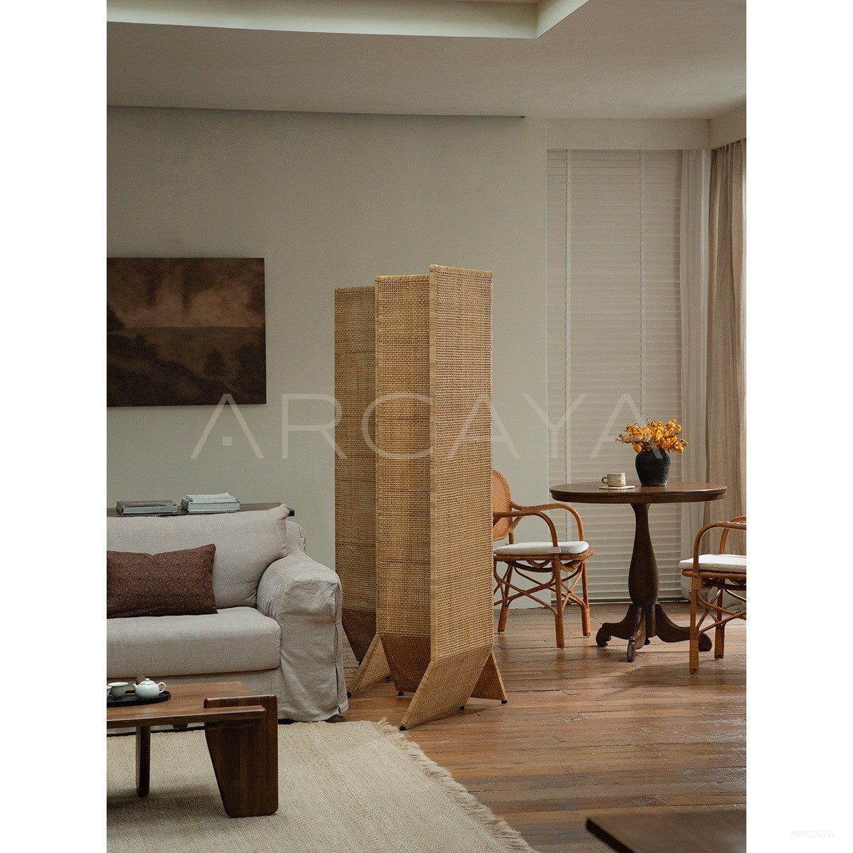 Handwoven Rattan Folding Screen in detail
