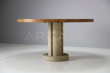 Burl Wood Travertine Base Round Dining Table - scene