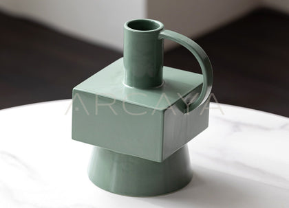 Minimalist Geometric Dark Green Ceramic Vase - scene