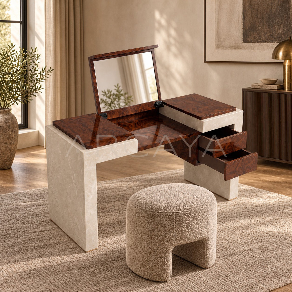 Italian Burl Wood Marble Flip Top Vanity in detail