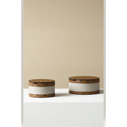 Vintage Two Tone Leather Round Storage Box - scene
