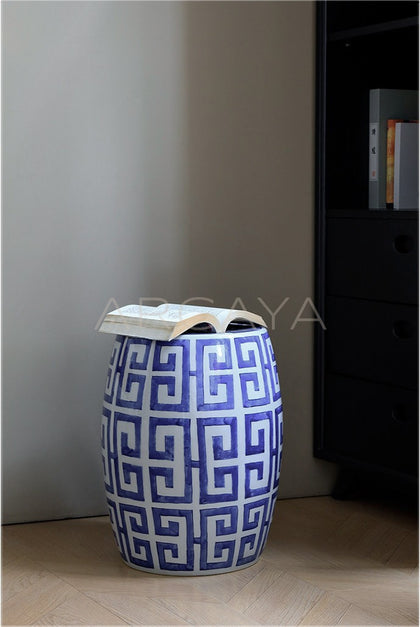 Blue White Fretwork Hand Painted Ceramic Drum Stool - scene