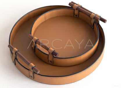 Vintage Brown Double Wood Handle Leather Round Tray - scene