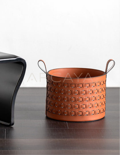 Handwoven Leather Storage Bucket With Handle - scene
