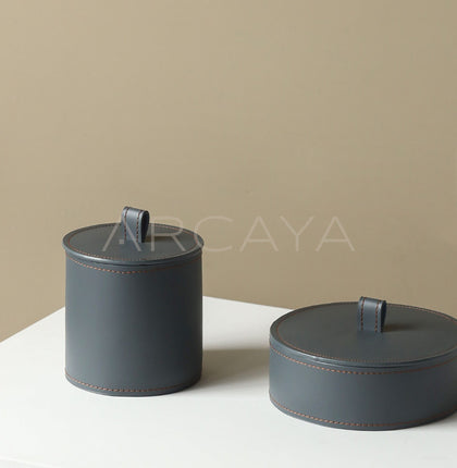 Dark Grey Leather Lidded Storage Jar - scene
