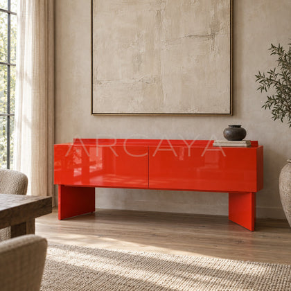 Chinese Red Lacquer Japanese Minimalist Sideboard - scene