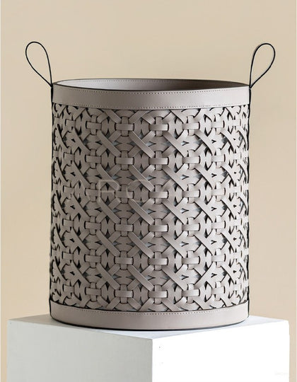 Vintage Handwoven Leather Laundry Hamper - scene