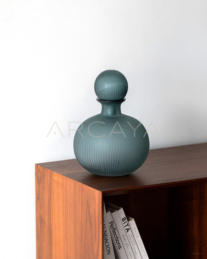 Vintage Mist Blue Ribbed Frosted Glass Vase - scene