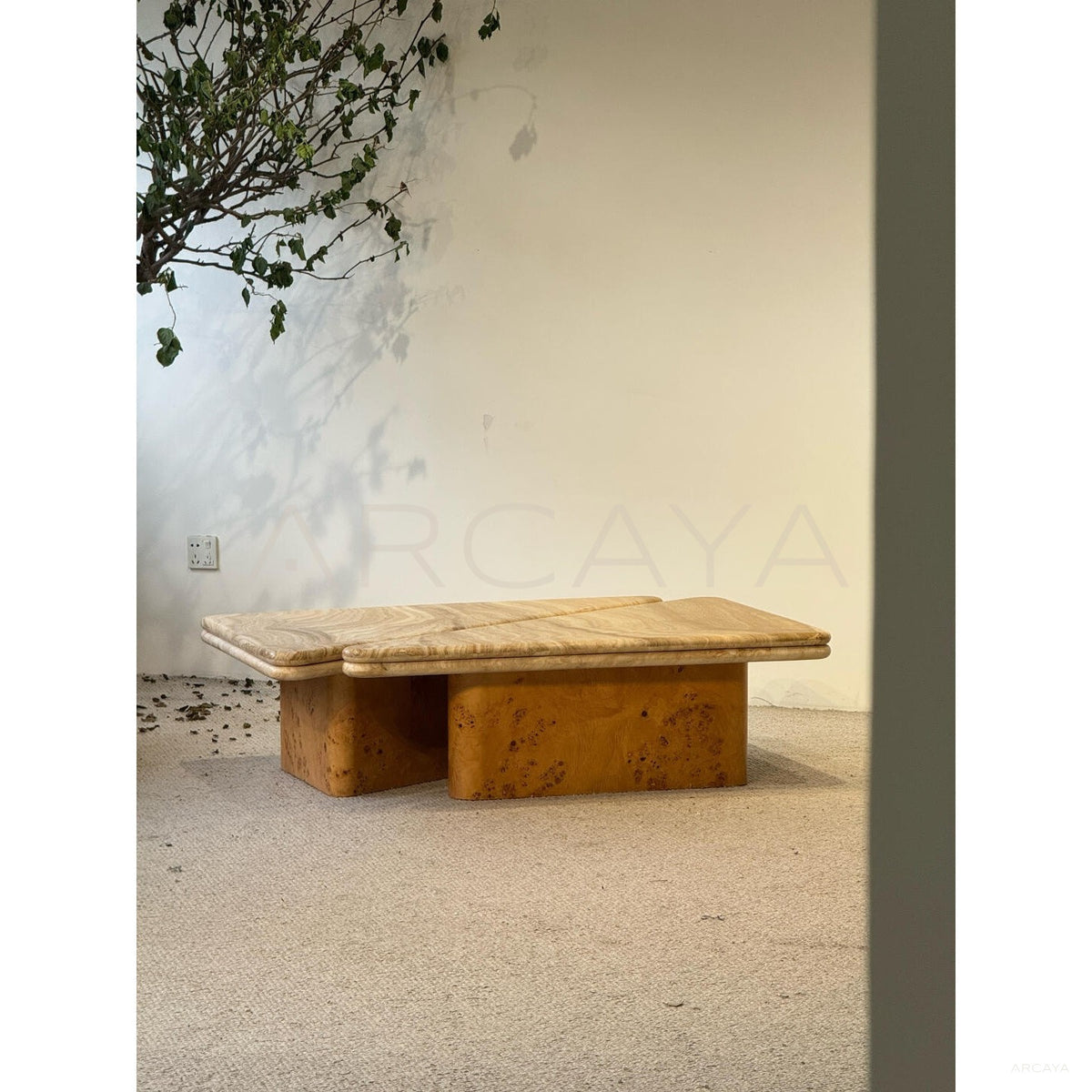 Gia Travertine Poplar Burl Coffee Table in detail