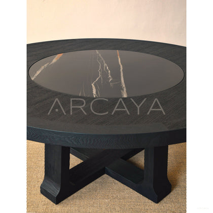 Oak Matte Black Brushed Round Table Lazy Susan - scene