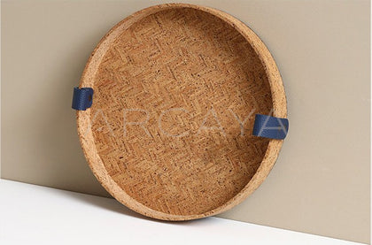 Natural Cork Woven Round Tray With Handle - scene