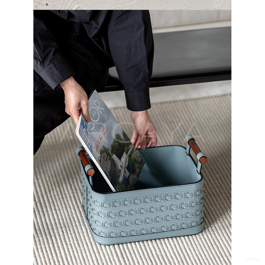Handwoven Leather Wardrobe Basket Wood Handles in detail