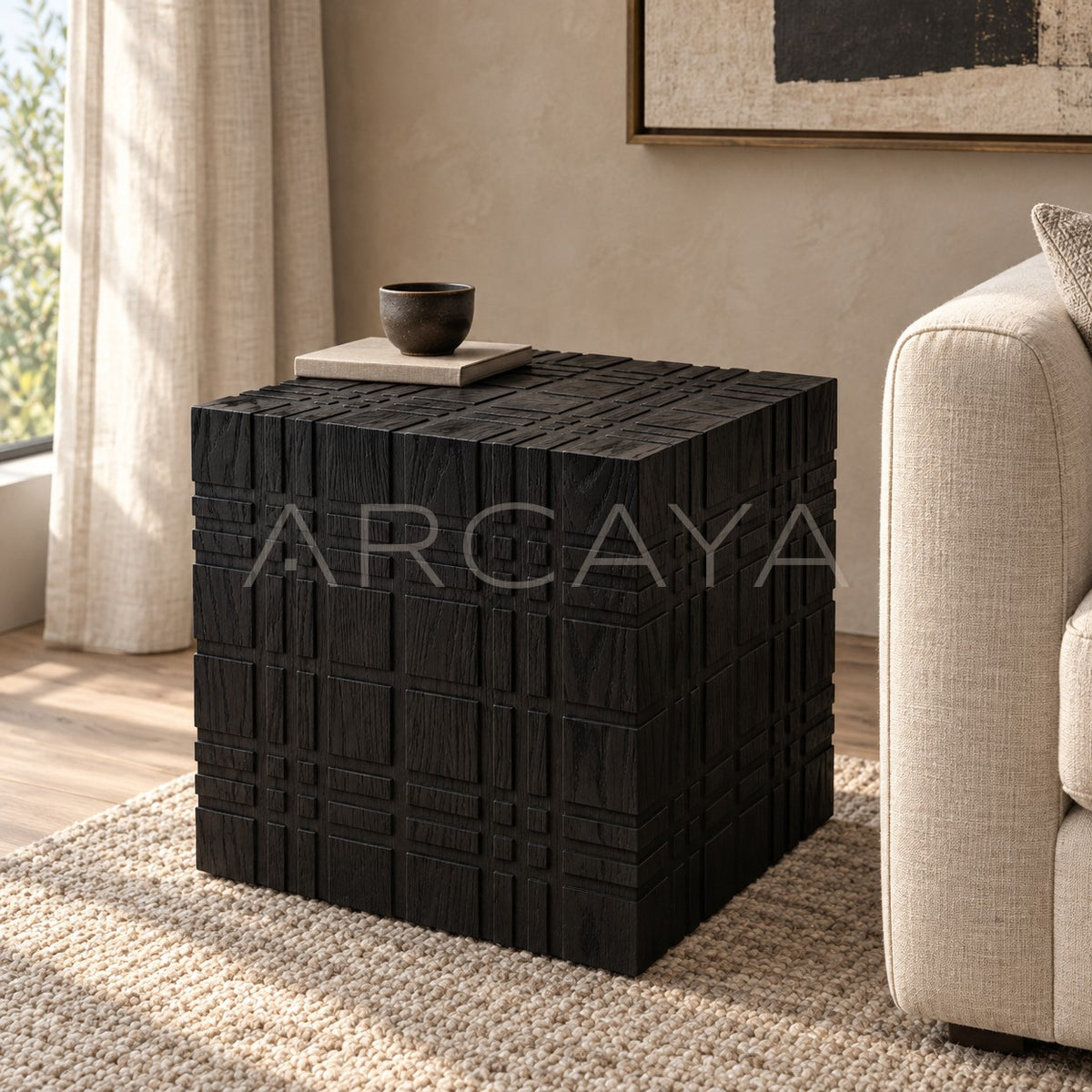 Carved 3D Oak Side Table in detail