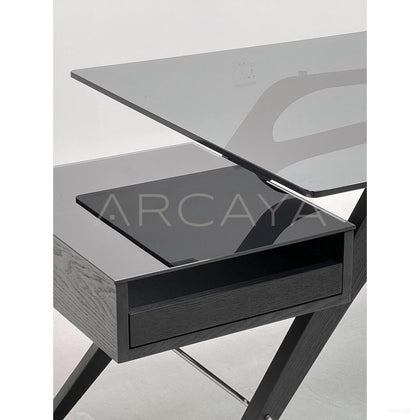 Smoked Wood Wing Frame Glass Multi Drawer Desk - scene