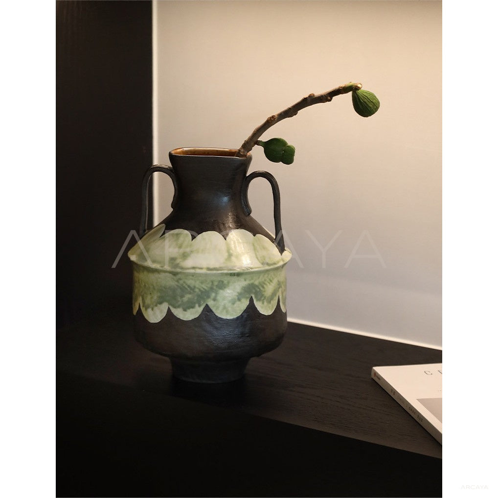 Double Ear Hand Painted Art Vase in detail