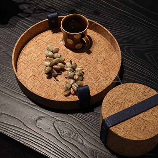 Natural Cork Woven Round Tray With Handle - main