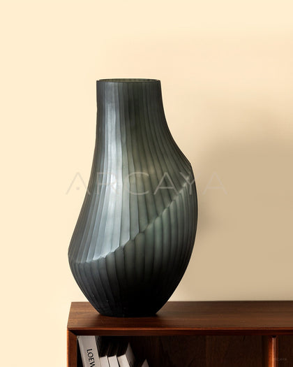 Hand Carved Irregular Dark Green Glass Vase - scene
