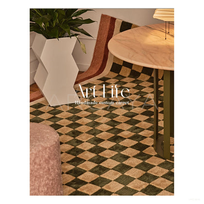 Green Beige Checkerboard Rug Dsm P007 F - scene