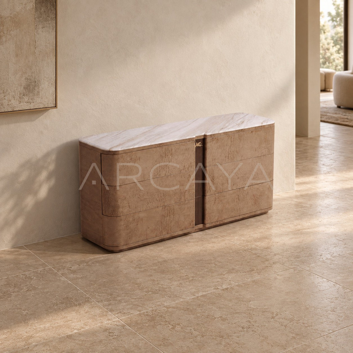 Italian Burl Wood Stone Six Drawer Chest — Storage in detail