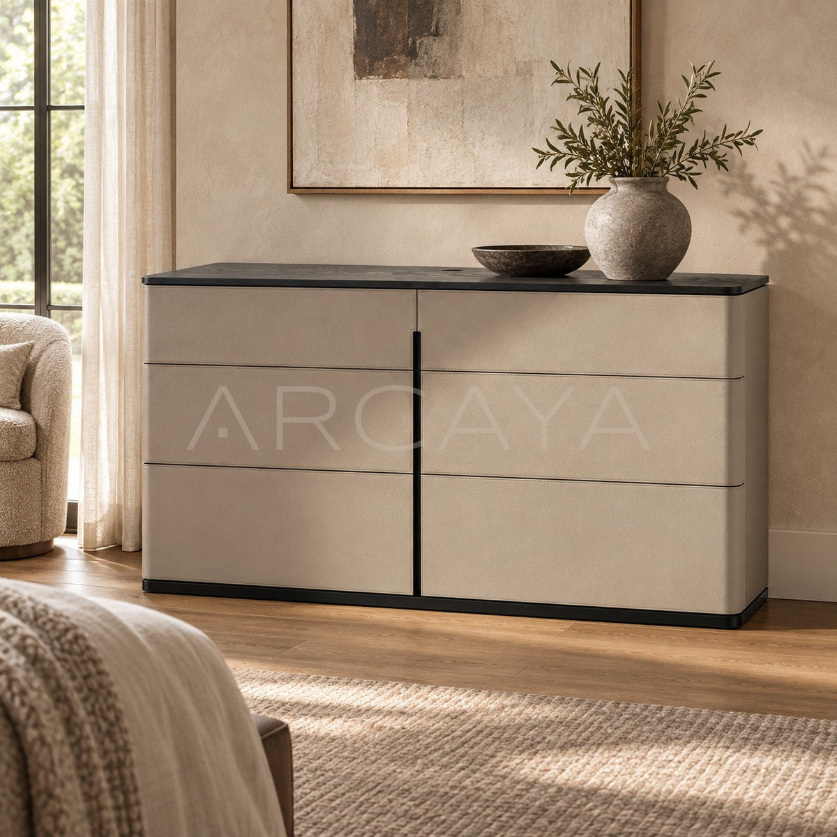 Nappa Leather Vertical Seam Minimalist Sideboard in detail