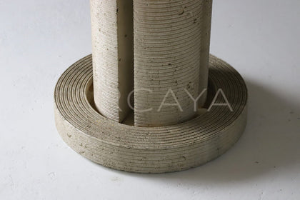 Burl Wood Travertine Base Round Dining Table - scene