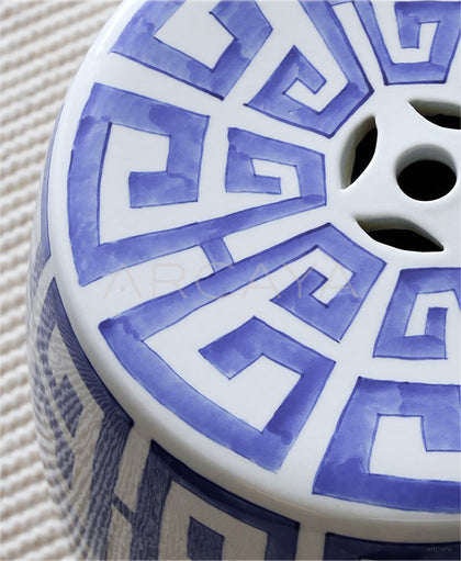 Blue White Fretwork Hand Painted Ceramic Drum Stool - scene