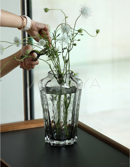 Smoked Grey Ribbed Glass Vase - scene
