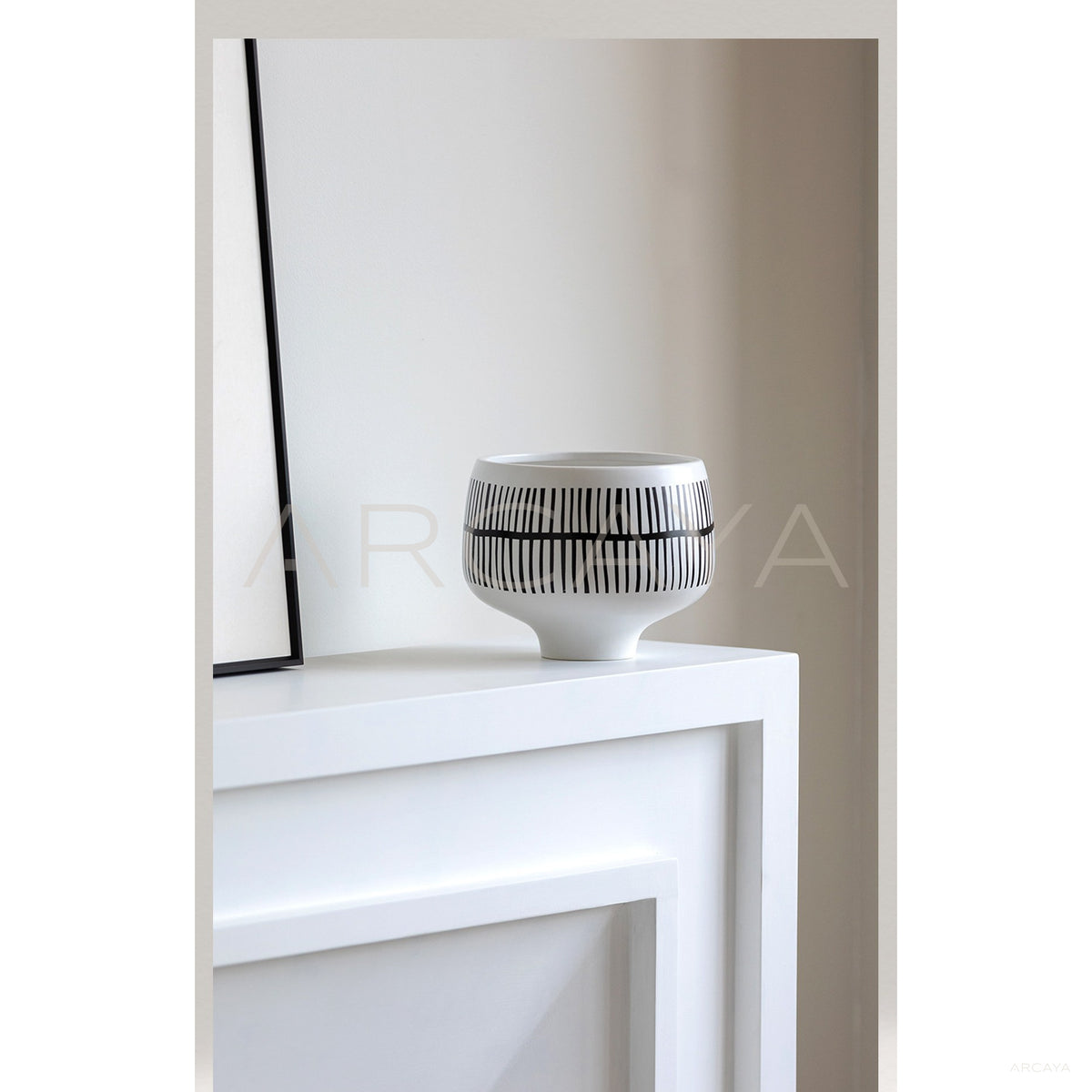 Hand Painted Black White Stripe Ceramic Vase in detail