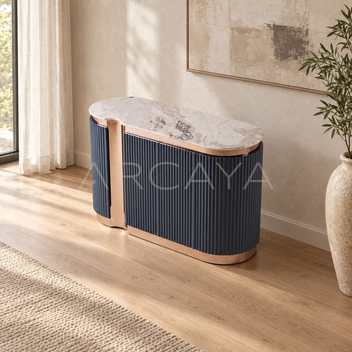 Ink Blue Vertical Lacquer Sideboard Rose Gold in detail