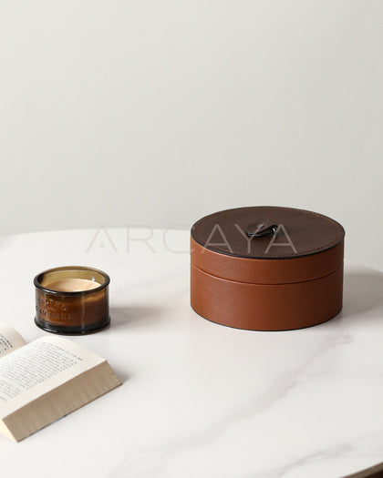 Caramel Brown Leather Round Storage Box - scene