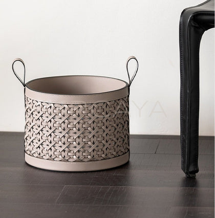 Handwoven Leather Magazine Basket - scene