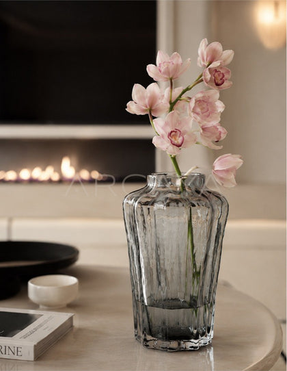 Handmade Ribbed Smoked Glass Vase - scene